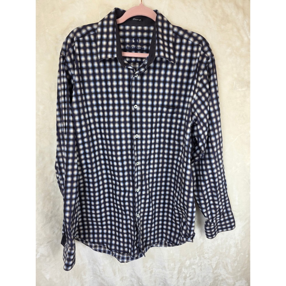Bugatchi‎ Uomo Classic Fit Long Sleeve Button Down Shirt Blue Brown Plaid 3XLT